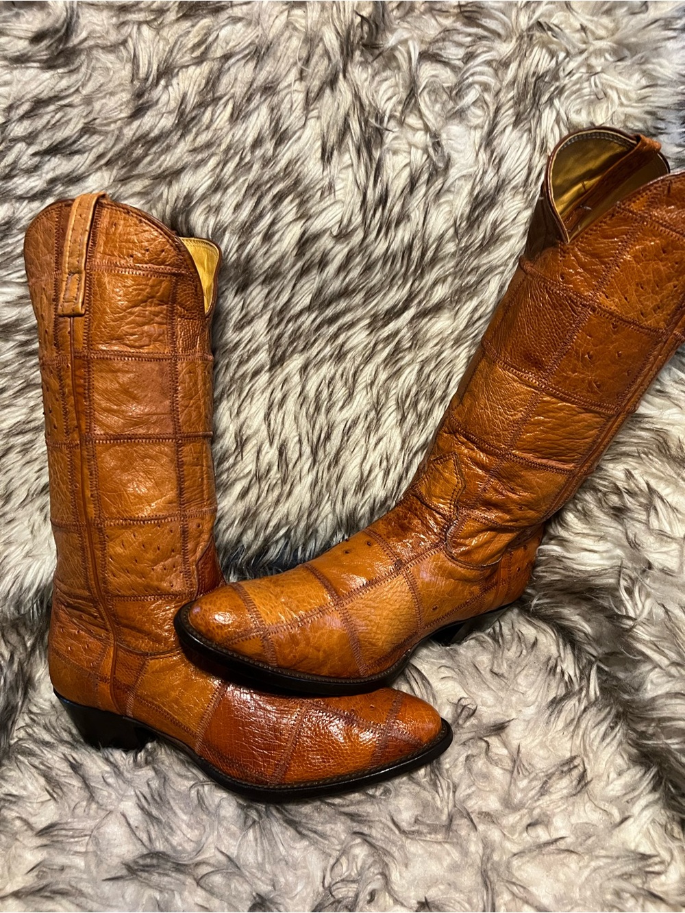 Nocona Men's Cognac FULL OSTRICH Patchwork Exotic Leather Western Boots Sz 8.5 D